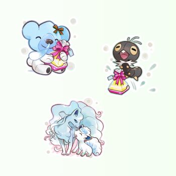 alolan_form alolan_ninetales alolan_vulpix blue_eyes closed_eyes commentary_request cubchoo full_body gen_5_pokemon gen_6_pokemon gen_7_pokemon gift happy hugging_object iribi_you nintendo no_humans open_mouth pink_ribbon pokemon pokemon_(creature) ribbon scatterbug simple_background smile snot white_background