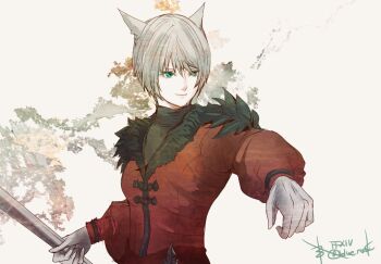 1girl animal_ears blue_eyes cat_ears closed_mouth commentary copyright_name dyunbu_pyr_potitus final_fantasy final_fantasy_xiv gloves grey_gloves grey_hair hair_between_eyes miqo'te ruka_(blueplus84) short_hair smile solo twitter_username