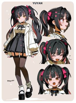 1girl :d absurdres black_bow black_bowtie black_choker black_hair black_shoes black_skirt blunt_bangs border bow bowtie brown_thighhighs character_name choker closed_eyes closed_mouth collared_shirt commentary english_commentary fang full_body garter_straps grey_background hair_bow hair_ornament hairclip heart heart_hair_ornament hepari high-waist_skirt highres jacket long_hair long_sleeves mary_janes multicolored_hair multiple_views open_clothes open_jacket open_mouth original outline parallel_hairclips pink_bow platform_shoes red_hair shirt shoes sidelocks simple_background skirt sleeves_past_wrists smile socks socks_over_thighhighs standing streaked_hair teeth thighhighs twintails twitter_username two-tone_hair upper_teeth_only white_border white_jacket white_outline white_shirt white_socks yellow_eyes