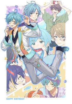 5boys ahoge arms_up at_home_(ensemble_stars!) black_hair blonde_hair blue_eyes blue_hair border brown_hair cellphone chinese_commentary closed_eyes closed_mouth clownfish collared_shirt commentary_request diamond_(shape) earrings ensemble_stars! facial_hair facing_viewer fingernails fish full_body green_eyes grey_pants hands_up happy_birthday heart highres holding holding_phone jacket jewelry long_sleeves looking_at_viewer male_focus mango_(naihowda) morisawa_chiaki multicolored_hair multiple_boys nagumo_tetora natsukoi_(ensemble_stars!) notice_lines official_alternate_costume one_eye_closed open_clothes open_jacket open_mouth pants parted_bangs phone purple_hair red_hair ryuuseitai_(ensemble_stars!) sengoku_shinobu shinkai_kanata shirt short_hair short_sleeves smartphone smile star_(symbol) streaked_hair takamine_midori teeth two-tone_hair upper_teeth_only water_drop white_border yellow_eyes