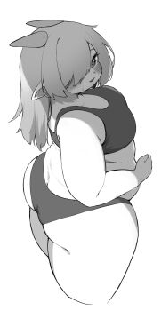 1girl ass belly blush breasts butt_crack fat fat_woman from_above from_side gym_shorts hair_over_one_eye horns long_hair medium_breasts monochrome nantekottai25 one_eye_covered open_mouth original plump pointy_ears short_shorts shorts solo sports_bra standing sweat thick_arms thick_thighs thighs