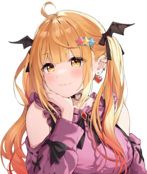 1girl absurdres ahoge aran_sweater bare_shoulders black_choker black_ribbon blonde_hair blunt_bangs blush breasts brooch cable_knit choker closed_mouth clothing_cutout commentary_request double-parted_bangs ear_piercing earrings fang frilled_sweater gradient_hair hair_ornament hairclip hand_on_own_cheek hand_on_own_face head_rest head_wings heart heart_earrings heart_o-ring highres hololive jewelry jirai_kei large_breasts long_hair long_sleeves looking_at_viewer multicolored_hair multiple_piercings neck_ribbon o-ring o-ring_choker official_alternate_costume official_alternate_hair_length official_alternate_hairstyle piercing pink_sweater red_streaks rena_sakuma ribbon shoulder_cutout sidelocks simple_background skin_fang smile solo star_(symbol) star_hair_ornament streaked_hair stud_piercings suspenders sweater twintails upper_body virtual_youtuber wavy_hair white_background wings yellow_eyes yozora_mel yozora_mel_(jirai_kei)