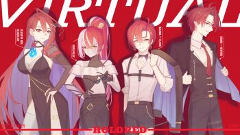 2025 2boys 2girls abs absurdres ahoge alternate_costume alternate_hairstyle asymmetrical_gloves bare_shoulders belt belt_buckle black-framed_eyewear black_dress black_gloves black_pants black_skirt black_vest blue_fire blue_hair blush bracelet breasts brown_belt brown_jacket buckle chain character_name chest_strap choker cleavage collared_shirt color_connection colored_inner_hair colored_skin commentary covered_navel cowboy_shot dated dress earrings elbow_gloves elizabeth_rose_bloodflame english_commentary english_text evening_gown fire formal_clothes gloves gold_chain grey_hair grey_skin grin hair_between_eyes hair_color_connection half_gloves halter_dress halterneck heterochromia high_ponytail highres holding holding_removed_eyewear hololive hololive_english hololive_indonesia holored holostars holostars_english huge_ahoge jacket jacket_on_shoulders jewelry jurard_t_rexford kureiji_ollie large_breasts long_hair looking_at_viewer looking_to_the_side machina_x_flayon mismatched_pupils multicolored_hair multicolored_skin multiple_boys multiple_girls necktie open_clothes open_jacket open_mouth pants partially_fingerless_gloves patchwork_skin pink_hair ponytail red_background red_eyes red_hair red_necktie rezinkya_(artist) ring shadow sharp_teeth shirt shirt_tucked_in short_hair side_slit single_thighhigh skirt sleeves_rolled_up smile standing stitched_arm stitched_face stitches suit_jacket suit_pants sunglasses sweater symbol-shaped_pupils teeth thigh_strap thighhighs turtleneck turtleneck_sweater two-tone_hair two-tone_skin unworn_eyewear very_long_hair vest virtual_youtuber white_shirt white_thighhighs x-shaped_pupils yellow_eyes zombie