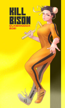 Rule 34 | 1girl, beatrix kiddo, black hair, bodysuit, breasts, brown eyes, capcom, chun-li, cosplay, crossover, full body, highres, kill bill, looking at viewer, m. bison, medium breasts, road, standing, street, street fighter