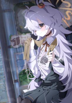 1girl absurdres black_bra blue_archive bra bra_visible_through_clothes commentary_request green_skirt halo highres kanoe_(blue_archive) lace lace_bra long_hair looking_at_viewer messy_hair one_eye_covered rain rei_hinasuki ribbon road school_uniform shirt skirt smile solo street towel twintails underwear wet wet_clothes white_hair white_shirt yellow_halo