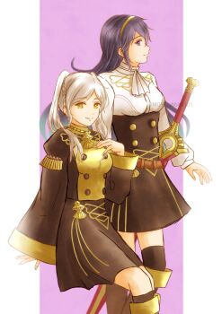 2girls alternate_breast_size_(larger) alternate_costume belt blue_eyes blue_hair boots border breasts buttons corset eyelashes falchion_(fire_emblem) female_focus female_robin_(fire_emblem) fingernails fire_emblem fire_emblem_awakening hand_on_own_chest highres intelligent_systems invisible_chair knee_boots kneehighs long_hair long_sleeves looking_at_viewer lucina_(fire_emblem) medium_breasts miniskirt moverabbit0305 multiple_girls neck nintendo pink_background profile sidelocks sitting skirt small_breasts smile socks standing swept_bangs sword thighhighs thighhighs_under_boots thighs tiara twintails weapon white_border white_hair wide_sleeves yellow_eyes