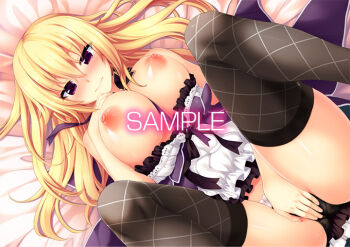 1girl bare_shoulders bed_sheet between_breasts black_panties black_thighhighs blonde_hair blush breasts breasts_out closed_mouth covering_crotch covering_privates dress eyes_visible_through_hair frilled_dress frills hair_between_eyes hair_down large_breasts long_hair lying nipples nora_to_oujo_to_noraneko_heart official_art on_back oozora_itsuki panties patricia_of_end purple_eyes sample_watermark skirt solo spread_legs thighhighs underwear watermark