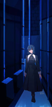 1girl absurdres alley arms_at_sides black_boots blue_dress blue_eyes blue_hair blue_skirt boots brick_wall ciel_(tsukihime) city collar cross cross_necklace dress highres industrial_pipe jewelry latin_cross leggings long_sleeves looking_afar melty_blood necklace night nun short_hair skirt solo tam002 tsukihime tsukihime_(remake) type-moon urban walking white_collar white_wrist_cuffs wide_shot wrist_cuffs