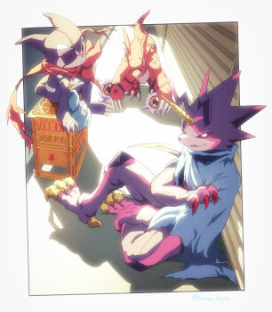 Rule 34 | black scales, black sclera, blue cloak, blue gloves, border, cloak, colored sclera, demon boy, digimon, digimon (creature), dinosaur, dragon, fewer digits, gloves, group picture, guilmon, guilmon x-antibody, gulusgammamon, highres, horns, impmon, impmon x-antibody, kubota keita, kuramon, red gloves, red scales, single horn, sitting, white border