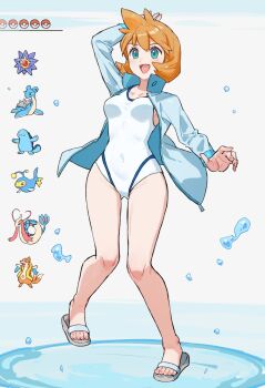 1girl :d aqua_eyes arm_behind_head blue_jacket blush breasts collar commentary competition_swimsuit covered_navel curvy floatzel full_body gen_1_pokemon gen_2_pokemon gen_3_pokemon gen_4_pokemon highres jacket lanturn lapras medium_breasts milotic misty_(pokemon) nintendo one-piece_swimsuit open_clothes open_jacket open_mouth orange_hair poke_ball poke_ball_(basic) pokemon pokemon_(creature) pokemon_hgss popped_collar quagsire sandals short_hair smile staryu swimsuit water white_one-piece_swimsuit wide_hips yosame0a