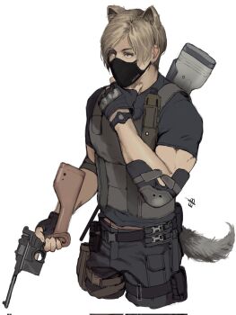 1boy animal_ears belt black_pants black_shirt blonde_hair blue_eyes bulletproof_vest dog_boy dog_ears dog_tail elbow_pads ericson_blum extra_ears fingerless_gloves gloves gun gun_on_back h&amp;k_sl8 handgun highres holding holding_gun holding_weapon knife_sheath knife_sheath leon_s._kennedy looking_to_the_side male_focus mask mauser_c96 mouth_mask muscular pants pistol resident_evil resident_evil_4 resident_evil_4_(remake) rifle semi-automatic_rifle sheath shirt short_hair shoulder-stocked_handgun solo standing stock_(firearm) tail thigh_strap watch weapon weapon_on_back white_background wristwatch