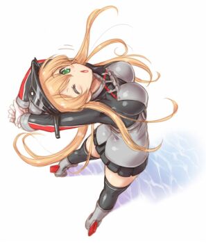 10s 1girl arms_up black_thighhighs blonde_hair blush boots breasts female_focus from_above full_body gloves grey_boots hat kantai_collection knee_boots long_hair looking_at_viewer military military_uniform one_eye_closed open_mouth peaked_cap prinz_eugen_(kancolle) simple_background skirt solo stretching thighhighs twintails uguisu_kagura white_gloves