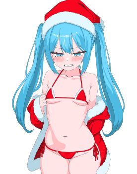 Rule 34 | 1girl, absurdres, arahashi tabi, bikini, blue eyes, blue hair, blush, breasts, coat, coat partially removed, colorful, commentary, cowboy shot, deoksodaejang guchangmo, double-parted bangs, embarrassed, fur-trimmed coat, fur trim, grimace, hat, highres, korean commentary, long hair, micro bikini, multicolored hair, navel, red bikini, red coat, santa bikini, santa costume, santa hat, side-tie bikini bottom, simple background, small breasts, solo, standing, stellive, stomach, streaked hair, string bikini, swimsuit, thigh gap, twintails, virtual youtuber, white background