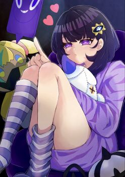 1girl alternate_costume canari_plush_(pokemon) character_doll closed_mouth commentary_request doll eyelashes gen_4_pokemon gen_5_pokemon gwynn_(pokemon) hair_ornament hairclip hat heart highres kurage_gurashi litwick long_sleeves nintendo pokemon pokemon_legends:_z-a purple_eyes purple_hair purple_sweater rotom rotom_phone short_hair socks solo striped_clothes striped_socks stuffed_toy sweater twitter_username unworn_hat unworn_headwear