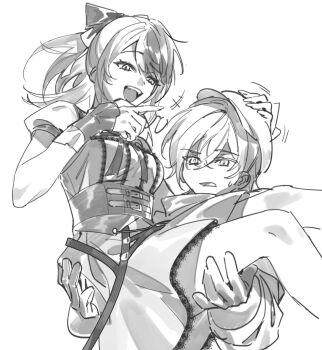 Rule 34 | +++, 1boy, 1girl, bow, breasts, carrying, carrying person, commentary, corset, crossed bangs, dress, feet out of frame, gloves, greyscale, hair between eyes, hair bow, hand on another's head, hat, heavy, highres, hololive, hololive english, holostars, holostars english, lace, lace-trimmed dress, lace trim, laughing, lynnear, machina x flayon, machina x flayon (2nd costume), medium breasts, monochrome, motion lines, multicolored hair, official alternate costume, open mouth, parted bangs, pointing, pointing at another, ponytail, princess carry, puffy short sleeves, puffy sleeves, shiori novella, shiori novella (casual), short sleeves, simple background, small sweatdrop, split-color hair, swept bangs, two-tone hair, virtual youtuber