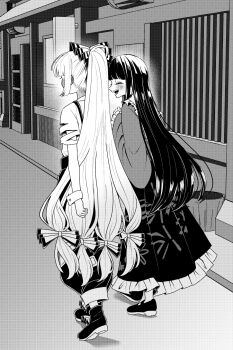 2girls blush boots bow closed_eyes collared_shirt commentary_request frilled_shirt_collar frilled_skirt frilled_sleeves frills from_behind fujiwara_no_mokou greyscale hair_bow highres houraisan_kaguya long_hair monochrome multiple_girls multiple_hair_bows open_mouth pants ponytail shirt shoes skirt smile suspenders tamiko_(tamik0224) torn_clothes torn_sleeves touhou very_long_hair walking wrist_cuffs yuri