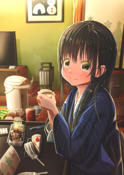 1girl aiuabo black_eyes black_hair blue_kimono cake christmas coffee coffee_pot commentary_request cup disposable_coffee_cup disposable_cup drawing female_focus food fork heater highres holding holding_cup indoors japanese_clothes kimono long_hair long_sleeves looking_at_viewer nail_polish original packet paper pen picture_frame smile solo strawberry_shortcake striped_clothes striped_kimono striped_nails table television wrapper yukata
