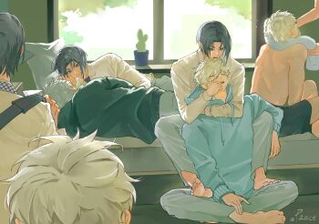 2boys absurdres arms_around_neck blue_hoodie blue_lock cactus couple grey_pants hakuho_high_school_uniform highres hood hoodie lying mikage_reo multiple_boys nagi_seishirou no_shirt on_bed p2_ace pants purple_hair school_uniform shirt towel white_hair white_shirt window yaoi