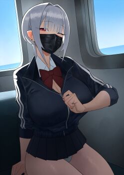 1girl :/ absurdres bare_legs black_mask black_nails blunt_bangs bob_cut bow breasts cleavage collared_shirt earrings elena_(hazuki_kazue) eyeliner hazuki_kazue highres huge_breasts indoors inverted_bob jacket jewelry looking_at_viewer makeup microskirt narrowed_eyes one_eye_closed open_cleavage original panties partially_open_jacket partially_open_shirt partially_unzipped pleated_skirt pointy_ears raised_eyebrows red_bow shirt short_hair sidelocks sitting skirt slit_pupils solo thighs track_jacket train underwear white_hair white_panties white_shirt