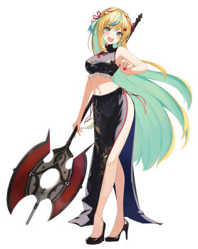 1girl :d aqua_hair arm_up armpits axe bare_shoulders battle_axe black_dress black_shoes blonde_hair blush breasts china_dress chinese_clothes crop_top cropped_shirt double-sided_axe dress green_eyes hair_ribbon high_heels highres holding holding_axe indoors large_breasts long_hair long_skirt looking_at_viewer multicolored_hair navel nijisanji open_mouth print_dress red_nails ribbon shanghai_neckline shoes side_slit simple_background skirt sleeveless sleeveless_dress smile solo stomach streaked_hair tachitsute_toto takechi49 teeth upper_teeth_only virtual_youtuber weapon white_background