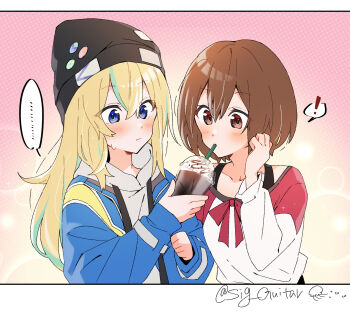 ! ... 2girls absurdres beanie black_hat blonde_hair blue_eyes blue_jacket blush brown_hair commentary_request dotted_background drink frappuccino green_hair hat highres holding holding_drink hood hoodie jacket kouzuki_mahiru long_sleeves multicolored_hair multiple_girls red_eyes shared_drink shigure_(sigre) shirt short_hair signature spoken_ellipsis spoken_exclamation_mark streaked_hair sweatdrop upper_body white_hoodie white_shirt yamanouchi_kano yoru_no_kurage_wa_oyogenai yuri