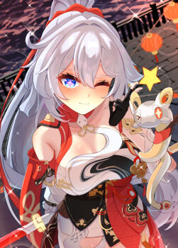 1girl ;) absurdres black_gloves blue_eyes breasts cleavage commentary dress eight_(eight3rd1) english_commentary from_above gloves highres honkai_(series) honkai_impact_3rd kiana_kaslana kiana_kaslana_(ba-dum!_fiery_wishing_star) lantern large_breasts long_hair looking_at_viewer one_eye_closed paper_lantern ponytail rice_cake_(honkai_impact) sky_lantern smile snake star-shaped_pupils star_(symbol) symbol-shaped_pupils very_long_hair water white_dress white_hair