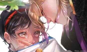 2boys badge black_hair black_jacket blonde_hair blurry blurry_foreground closed_mouth clothes_grab covering_own_mouth crying crying_with_eyes_open depth_of_field eyelashes face-to-face freckles gradient_hair hairband hand_on_another&#039;s_face hand_on_own_face highres jacket leaf long_hair looking_at_another male_focus mau_sakura medium_hair multicolored_hair multiple_boys neige_leblanche orange_eyes profile purple_eyes purple_hair purple_shirt red_hairband shirt short_hair simple_background tears twisted_wonderland twitter_username two-tone_hair vil_schoenheit white_background yaoi