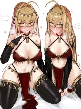 2girls absurdres ahoge bikini blonde_hair blush braid breasts dancer dual_persona fate/grand_order fate_(series) gold_trim green_eyes hair_bun hair_intakes hair_ribbon harem_outfit highres large_breasts long_hair looking_at_viewer multiple_girls nero_claudius_(fate) pelvic_curtain red_bikini red_ribbon ribbon swimsuit yotsutsu428