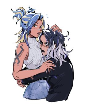 2girls black_lips black_shirt blonde_hair blue_hair blue_nails blush brown_eyes cropped_torso denim ear_piercing eyebrow_piercing face_piercing fade_(valorant) grey_eyes hand_on_another's_arm hand_on_another's_head heterochromia highres hug interracial jeans lip_piercing long_sleeves looking_at_viewer multicolored_hair multiple_girls neon_(valorant) nose_piercing nose_ring open_mouth pants piercing ribbed_sweater ruru_hrk shirt shoulder_tattoo sideways_glance simple_background sleeveless sleeveless_sweater sweater tattoo torn_clothes torn_shirt turtleneck turtleneck_sweater two-tone_hair two_side_up upper_body valorant waist_hug white_background white_sweater yuri