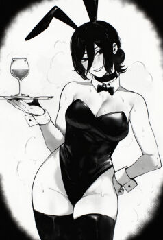 1girl alcohol alternate_breast_size_(larger) animal_ears bow bowtie breasts chainsaw_man choker cleavage commentary cup detached_collar drinking_glass english_commentary fake_animal_ears greyscale hair_between_eyes hair_bun highleg highleg_leotard highres holding holding_tray large_breasts leotard monochrome rabbit_ears rethoven reze_(chainsaw_man) solo strapless strapless_leotard sweat thighhighs tray wine wine_glass
