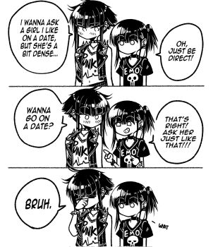 Rule 34 | 2girls, 3koma, bare shoulders, blush, bracelet, choker, closed eyes, clothes writing, clueless, comic, commentary, corrupted twitter file, earrings, emo-girl (grs-), emo fashion, english commentary, english text, facepalm, greyscale, grs-, highres, jacket, jewelry, medium hair, monochrome, multicolored hair, multiple girls, no mouth, open clothes, open jacket, original, ponytail, print shirt, punk-girl (grs-), shirt, short ponytail, short sleeves, side ponytail, simple background, smile, speech bubble, spiked bracelet, spikes, t-shirt, white background, yuri