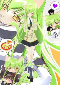 +++ 1boy 1girl :d absurdres anger_vein angry animal_ears ayuko_735 black_hair black_necktie black_skirt black_socks blush c.c. c.c._day cat_boy cat_ears cat_girl cat_tail character_doll chibi closed_mouth code_geass collared_shirt commentary_request crossed_arms doll food frown full_body geass green_hair hair_between_eyes heart heterochromia highres holding holding_stuffed_toy kemonomimi_mode kneehighs lelouch_vi_britannia long_hair long_sleeves looking_at_viewer miniskirt multiple_views necktie open_mouth parted_lips pizza purple_eyes red_eyes school_uniform shirt short_hair sidelocks skirt slit_pupils smile socks solo_focus speech_bubble spoken_heart standing straight_hair stuffed_toy tail tail_raised v-shaped_eyebrows very_long_hair white_shirt yellow_eyes