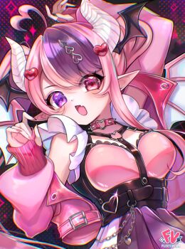 1girl ahoge choker commentary demon_girl demon_horns english_commentary fang fleesveon heart heart_ahoge heterochromia highres horns indie_virtual_youtuber ironmouse ironmouse_(15th_costume) long_hair looking_at_viewer multicolored_hair nail_polish o-ring o-ring_choker open_mouth pink_choker pink_eyes pink_hair pink_nails pink_shirt purple_hair red_eyes shirt skin_fang solo twintails two-tone_hair very_long_hair virtual_youtuber