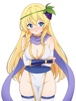 1girl absurdres alternate_costume arms_under_breasts averting_eyes blonde_hair blue_eyes blue_scarf blush braid breasts cleavage commission dullahan_(alekey_art) food-themed_hair_ornament grape_hair_ornament hair_ornament highres iris_(konosuba) japanese_clothes kimono kono_subarashii_sekai_ni_shukufuku_wo! long_hair medium_breasts ninja parted_lips pelvic_curtain pixiv_commission scarf side_braid white_kimono