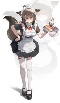 1girl absurdres alternate_costume animal_ear_piercing animal_ears arknights black_dress black_shoes blush breasts brown_hair cake cake_slice cleavage cleavage_cutout clothing_cutout commentary_request cutter_(arknights) dress enmaided food fork fox_ears fox_girl fox_tail full_body garter_straps hair_ornament hairclip hand_on_own_hip highres holding holding_tray koshouko_(fenrisulfr1010) maid maid_headdress medium_breasts parfait red_eyes shoes short_hair short_sleeves simple_background solo tail thighhighs topknot tray v-shaped_eyebrows white_background white_thighhighs x_hair_ornament zettai_ryouiki zoom_layer