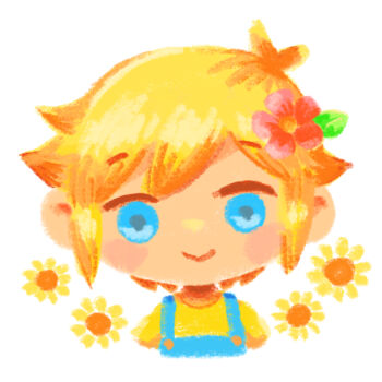 1boy :&gt; alternate_costume antenna_hair basil_(faraway)_(omori) basil_(omori) blonde_hair blue_eyes blue_overalls chibi chibi_only closed_mouth double-parted_bangs flower hair_between_eyes hair_flower hair_ornament looking_at_viewer omori overalls shirt short_hair sidelocks simple_background solo sun_iiinu t-shirt upper_body white_background yellow_shirt