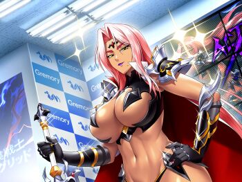 Rule 34 | 1girl, abdooly, action taimanin, armor, armored gloves, bikini armor, breasts, cleavage, company name, dark-skinned female, dark skin, eyes visible through hair, female focus, game cg, halterneck, hand on own hip, holding, holding sword, holding weapon, ingrid (taimanin asagi), ingrid (taimanin murasaki), large breasts, lights, logo, looking at viewer, looking down, mole, mole under mouth, monitor, navel, pauldrons, pink hair, purple lips, revealing clothes, shiny skin, shoulder armor, sparkle, sword, taimanin (series), taimanin asagi, thick eyebrows, weapon, wide hips