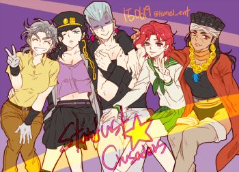 1boy 4girls black_hair covering_privates covering_chest embarrassed genderswap genderswap_(mtf) gloves green_eyes grey_hair hat jean_pierre_polnareff jewelry jojo_no_kimyou_na_bouken joseph_joestar joseph_joestar_(old) kakyoin_noriaki kuujou_joutarou leotard long_coat long_hair midriff_peek mohammed_avdol multiple_girls necklace old old_woman one_eye_closed pleated_skirt purple_eyes red_hair school_uniform serafuku shaded_face skirt stardust_crusaders tears thighhighs tianel_ent v