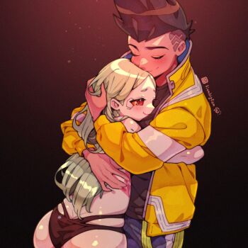 1boy 1girl artificial_eye artist_name black_panties blush brown_hair buzz_cut chinese_commentary closed_eyes colored_sclera colored_skin commentary_request couple cyberpunk_(series) cyberpunk:_edgerunners cyborg david_martinez green_hair hair_down half-closed_eyes hand_on_another's_head hetero highres hug instagram_username jacket lianbiglian light_particles long_hair mechanical_eye mohawk pale_skin panties pink_tattoo rebecca_(cyberpunk) red_pupils red_sclera samurai_jacket_(cyberpunk) short_hair smile stomach_tattoo tattoo underwear upper_body very_short_hair white_skin yellow_jacket