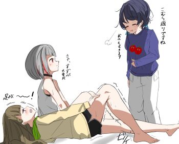 3girls :d barefoot black_choker black_shorts blue_hair blue_sweater blush braid brown_hair center-flap_bangs choker closed_eyes commentary_request cramp dollchestra grey_hair hand_on_own_stomach kachimachi_kosuzu kachimachi_kosuzu_(summer_loungewear) link!_like!_love_live! llb long_sleeves love_live! lying mole mole_on_neck multicolored_hair multiple_girls murano_sayaka murano_sayaka_(summer_loungewear) on_back open_mouth pain pants pink_eyes profile red_eyes red_hair red_streaks short_shorts shorts side_braids sideways_mouth simple_background sitting smile streaked_hair sweater tank_top tearing_up toes virtual_youtuber white_background white_pants white_tank_top yugiri_tsuzuri yugiri_tsuzuri_(summer_loungewear)