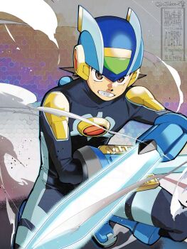 1boy arm_blade blue_bodysuit blue_helmet bodysuit cross_fusion dual_wielding energy_sword helmet highres holding lan_hikari_(mega_man) male_focus mega_man_(series) mega_man_battle_network_(series) megaman.exe solo sword takeuchi_(a3) weapon