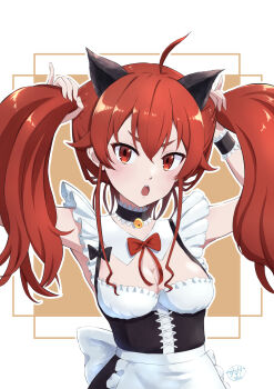 1girl alternate_costume alternate_hairstyle animal_ears armpits arms_up artist_name blush breasts bunching_hair cat_ears cleavage eris_greyrat hairband highres large_breasts legs long_hair looking_at_viewer maid mushoku_tensei open_mouth playing_with_own_hair popokki red_eyes red_hair small_breasts smile teeth thighs tongue twintails