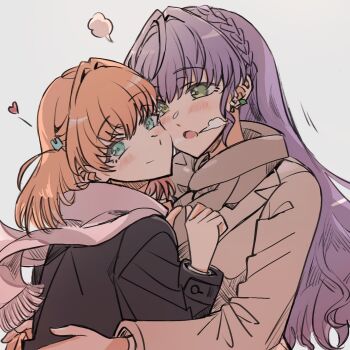 2girls aqua_eyes black_coat braid brown_coat brown_scarf cerise_bouquet coat commentary crown_braid green_eyes grey_background hair_ornament hasu_no_sora_school_uniform heart highres hinoshita_kaho junjun_(kimi-la) link!_like!_love_live! long_hair long_sleeves looking_at_another looking_at_viewer love_live! medium_hair multiple_girls orange_hair otomune_kozue otomune_kozue_(post-graduation) pink_scarf purple_hair rabbit_hair_ornament scarf school_uniform simple_background two_side_up virtual_youtuber winter_uniform yuri