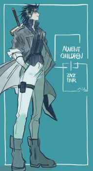 1boy absurdres alternate_costume aqua_background black_boots black_hair black_vest boots buster_sword character_name copyright_name earrings final_fantasy final_fantasy_vii final_fantasy_vii_advent_children grey_jacket hair_slicked_back hand_in_pocket highres holster jacket jewelry male_focus nul pants popped_collar sleeves_rolled_up smile solo sword sword_on_back thigh_holster vest weapon weapon_on_back white_pants zack_fair