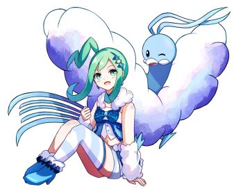 1girl :d altaria arm_support arm_warmers blue_footwear commentary_request earrings gen_3_pokemon green_eyes green_hair highres jewelry lisia_(pokemon) nintendo one_side_up open_mouth pokemon pokemon_(creature) pokemon_oras shoes shorts sidelocks simple_background single_thighhigh sitting smile thighhighs vest white_background yoi_(a27963244)