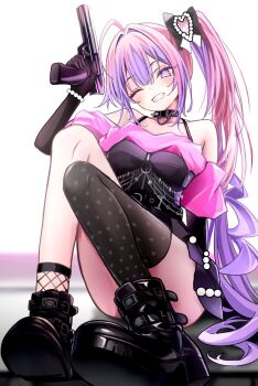 1girl bare_shoulders black_dress blush boots bow bracelet choker commentary derk_maxx dress grin gun hair_bow hair_intakes heart heart_print highres hololive hololive_dev_is jewelry kikirara_vivi kikirara_vivi_(flowglow_uniform) long_hair looking_at_viewer multicolored_hair one_eye_closed pink_hair purple_eyes purple_hair side_ponytail single_thighhigh smile solo spiked_choker spikes streaked_hair symbol-only_commentary thighhighs very_long_hair virtual_youtuber weapon