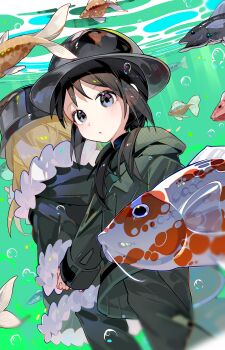 2girls absurdres black_eyes black_hair blonde_hair brodie_helmet bubble carp chito_(shoujo_shuumatsu_ryokou) coat combat_helmet fish from_below fur_trim green_coat green_pants helmet highres hiro_(yoshi_chan) koi looking_at_viewer military_uniform multiple_girls pants shoujo_shuumatsu_ryokou stahlhelm underwater yuuri_(shoujo_shuumatsu_ryokou)