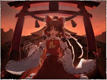 1girl ascot bow brown_eyes brown_hair detached_sleeves frilled_bow frilled_hair_tubes frilled_skirt frills game_cg gohei hair_bow hair_tubes hakurei_reimu hand_on_own_hip highres holding holding_gohei long_hair looking_at_viewer marisa_of_liartop_mountain non-web_source official_art open_mouth red_bow red_skirt ribbon-trimmed_sleeves ribbon_trim second-party_source skirt skirt_set solo torii touhou tsumeki yellow_ascot