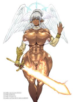 1girl abs angel angel_wings breasts dark-skinned_female dark_skin green_eyes halo highres huge_breasts melzel muscular muscular_female pointy_ears rebis solo sword weapon white_hair wings