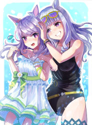 Rule 34 | 2girls, 3 reversible, animal ears, bare shoulders, black one-piece swimsuit, blunt bangs, breasts, casual one-piece swimsuit, cleavage, commentary request, cowboy shot, cup, dress, drinking glass, ear flower, eyewear on head, gold ship (run revolt launcher) (umamusume), gold ship (umamusume), grey hair, highres, holding, holding cup, horse ears, horse girl, horse tail, long hair, looking at viewer, mejiro mcqueen (ripple fairlady) (umamusume), mejiro mcqueen (umamusume), multiple girls, official alternate costume, one-piece swimsuit, purple eyes, purple hair, see-through, see-through dress, smile, sunglasses, swept bangs, swimsuit, tail, umamusume